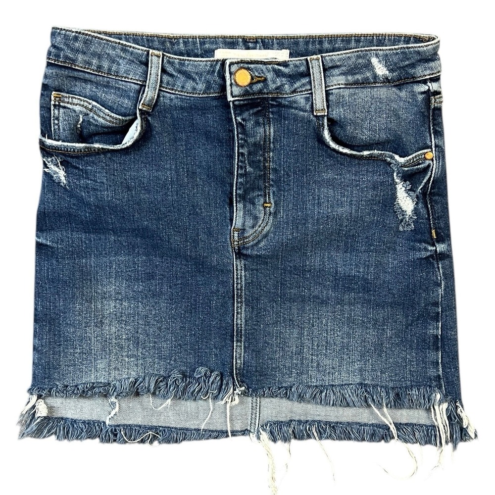 ZARA Denim Jean Skirt M Blue Distressed Fringe Side Slits Button Fly Casual Edgy